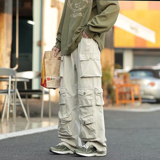 Men's Multi-pockets Cargo Pants 2022 Autumn Vintage Solid Color Hiphop Overalls Baggy Casual High Street Mopping Trousers