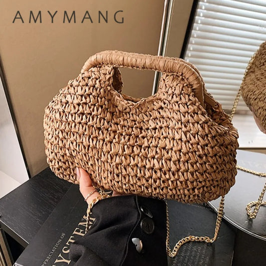 Retro Woven Clutch Bags for Women 2025 Straw Shell Chain Handbag Messenger Bag Ladies Holiday Beach Eco-friendly Crossbody Bag