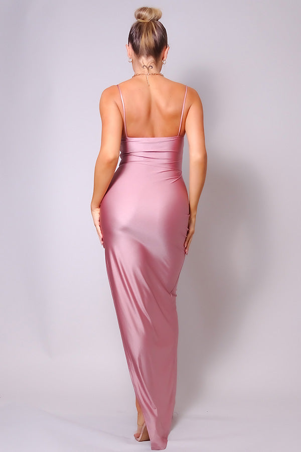 Spaghetti Strap Pleated Bust Front Slit Maxi Dress - https://www.luxenorstore.com