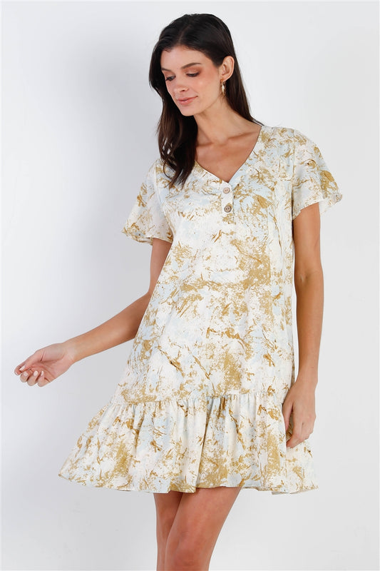 Olive & Taupe Color Paint Print Ruffle Hem Button Up Detail Mini Dress - https://www.luxenorstore.com
