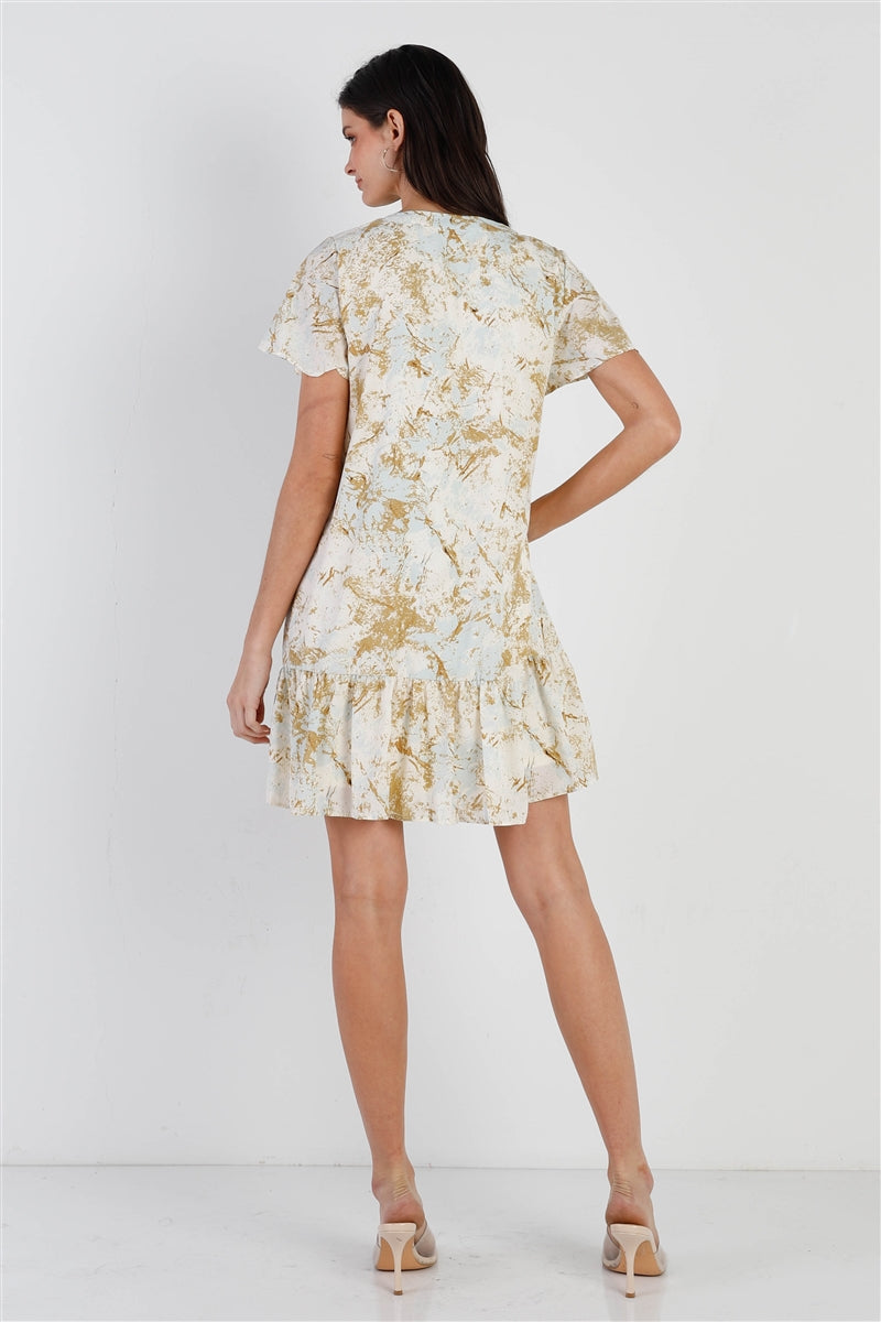 Olive & Taupe Color Paint Print Ruffle Hem Button Up Detail Mini Dress - https://www.luxenorstore.com