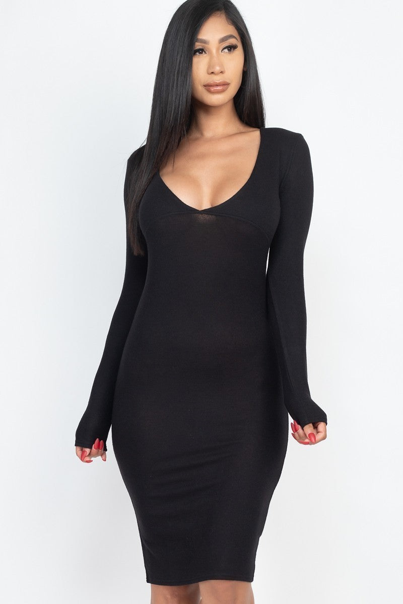 Hacci Brushed Knit V Neck Bodycon Dress - https://www.luxenorstore.com