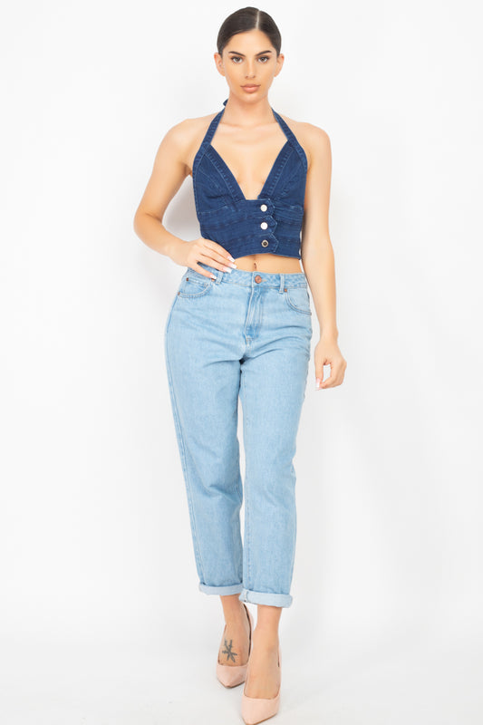Denim Halter Neck Seamed Crop Top - https://www.luxenorstore.com