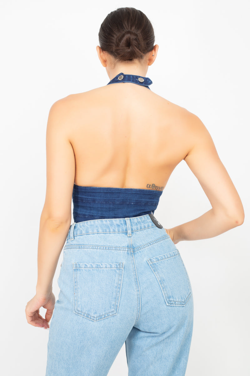 Denim Halter Neck Seamed Crop Top - https://www.luxenorstore.com