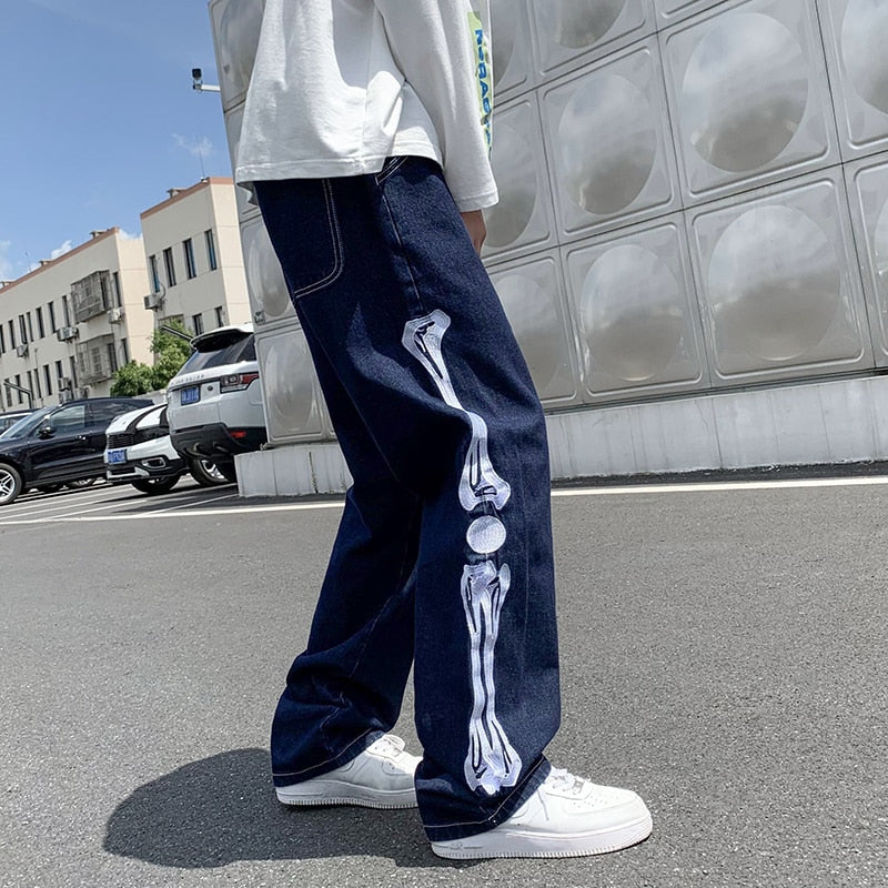 Straight Jean Pants Man Skeleton Embroidery Mopping Trousers Mens Streetwear Denim Pants Men's Clothing Jeans for Men Man Baggy