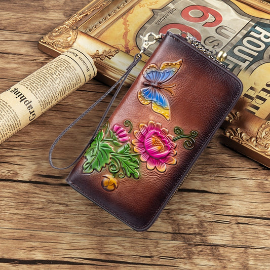 MOTAORA Women's Retro Wallet Genuine Leather Vintage Purse Women Chinese Style Embossed Card Holder Ladies Casual Female Clutch