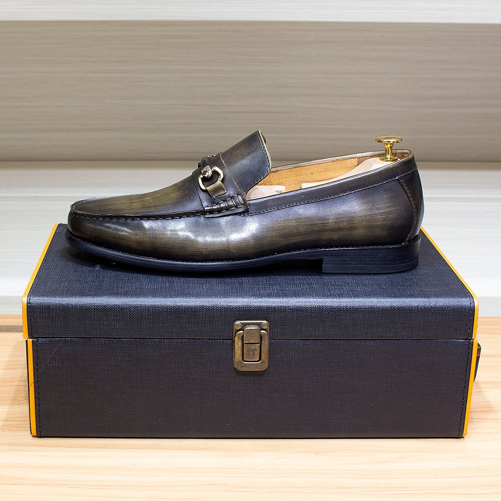 Classic Men's Loafers Genuine Leather Handmade Metal Chain Casual Business Dress Shoes Fashion Party Wedding Footwear for Men