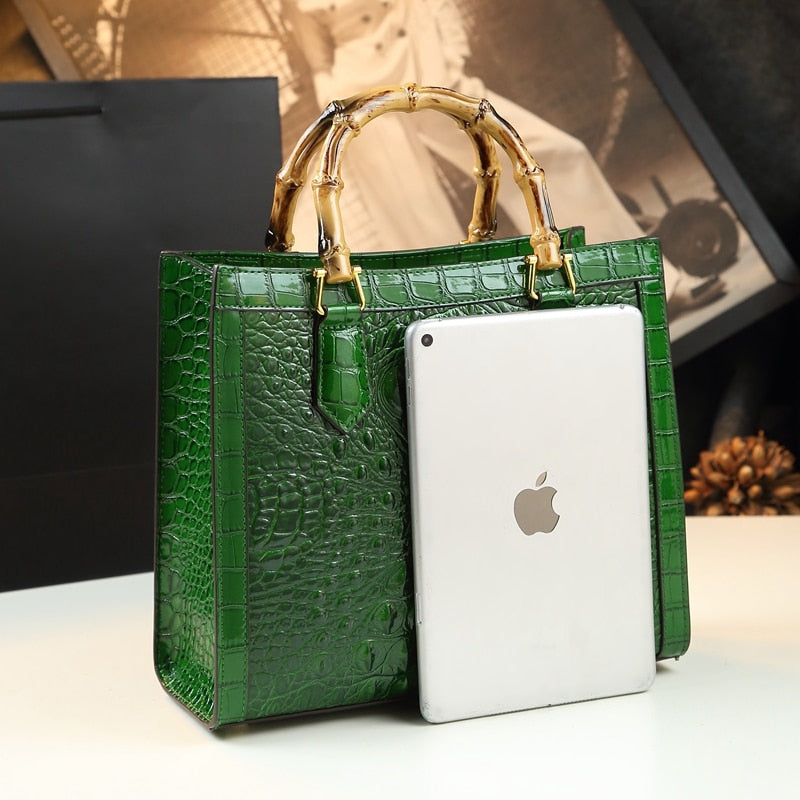 Brand Genuine Leather Bamboo Women's Bag Crocodile Pattern Ladies Handbag Portable Tote Bag Mom Tide Shoulder Messenger Bags