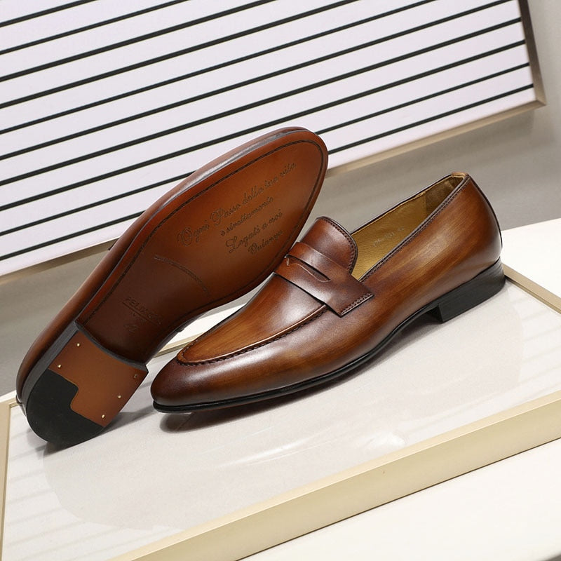 FELIX CHU Mens Penny Loafers Leather Shoes Genuine Leather Elegant Wedding Party Casual Dress Shoes Brown Black Shoes for Men