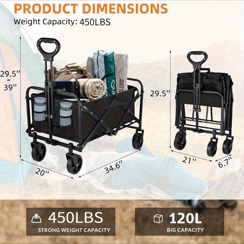 1pc Collapsible Foldable Wagon Cart, 220LBS Heavy Duty Utility Garden Cart With All-Terrain Wheels For Beach, Lawn, Sports, Camping, Black, 30"