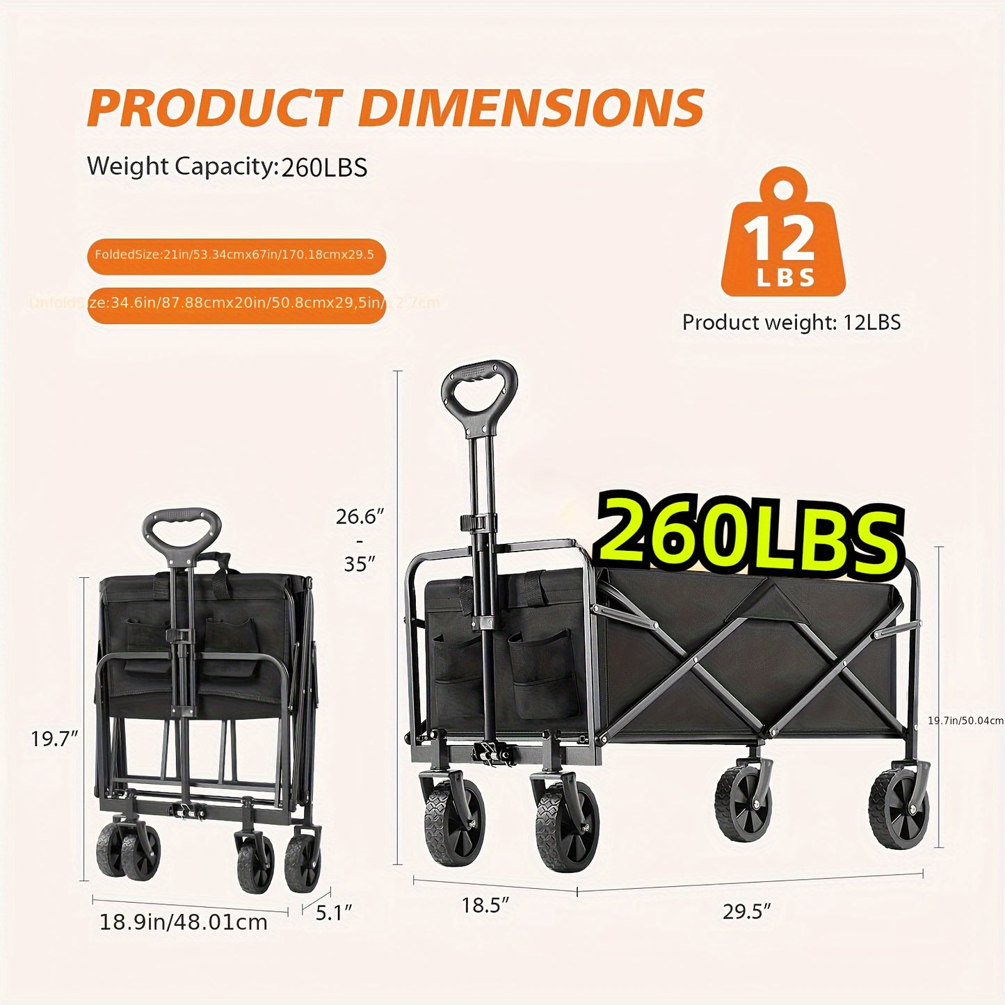 1pc Collapsible Foldable Wagon Cart, 220LBS Heavy Duty Utility Garden Cart With All-Terrain Wheels For Beach, Lawn, Sports, Camping, Black, 30"