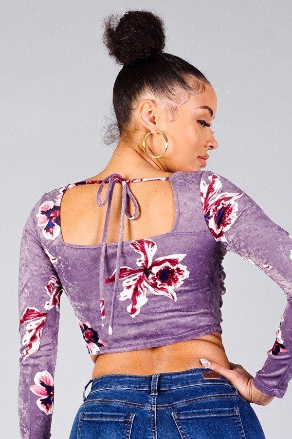 Ruched Velvet Floral Back Tie Crop Top