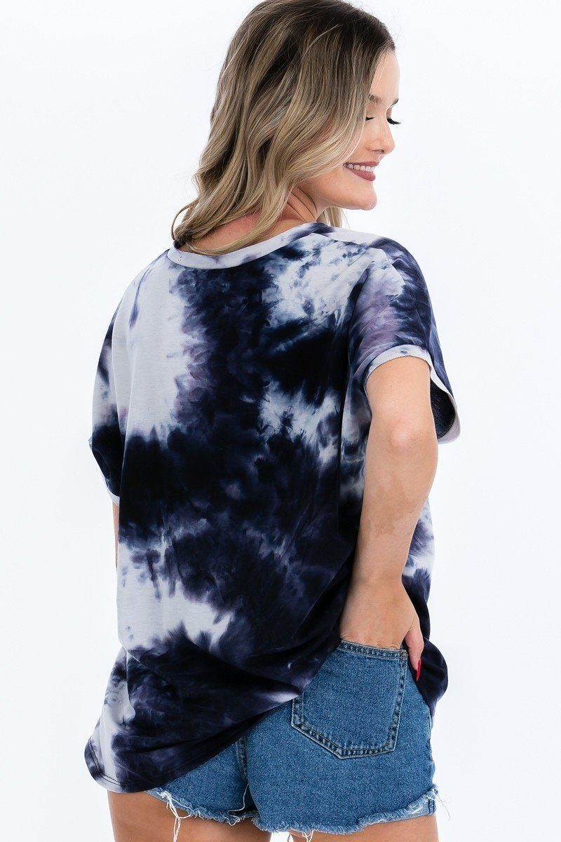 Tie-dye Top Featured In A V-neckline And Cuff Sort Sleeves