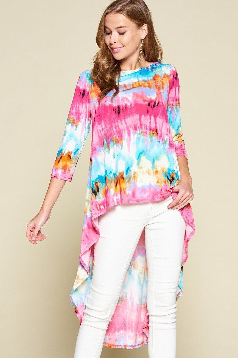 Tie-dye Venechia High Low Fashion Top With 3/4 Sleeves