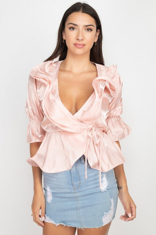 Surplice Short Sleeve Ruffle Top