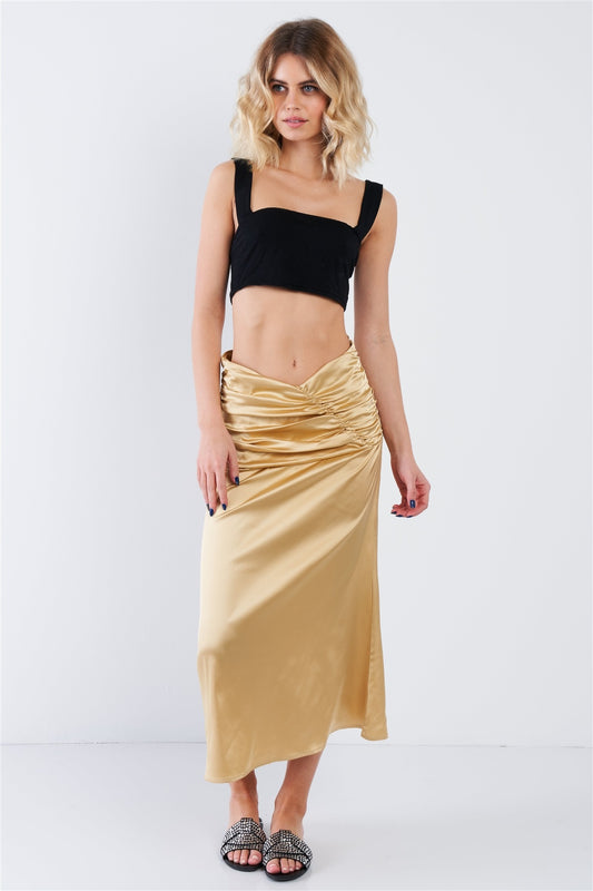 Satin Ruffle Waist Midi Skirt