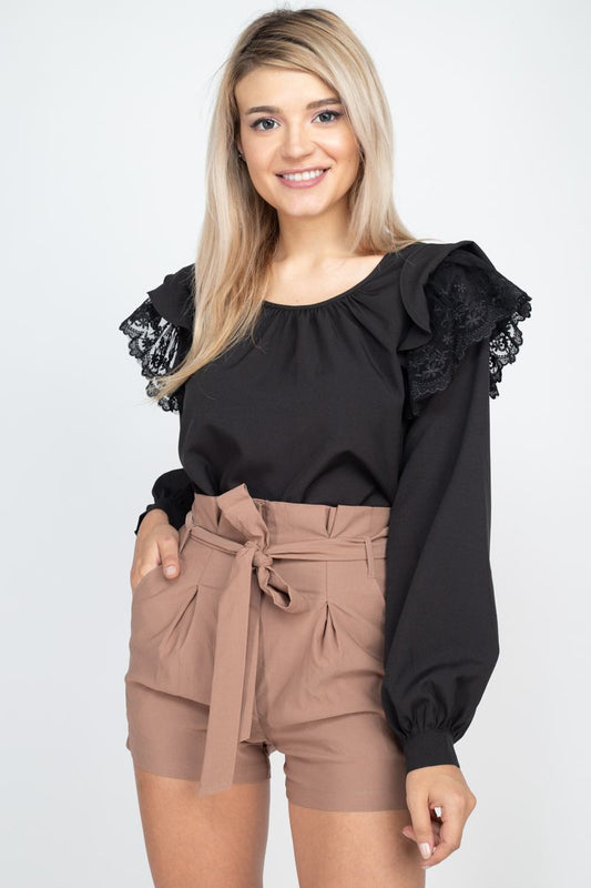 Balloon Sleeve Lace Ruffle Top