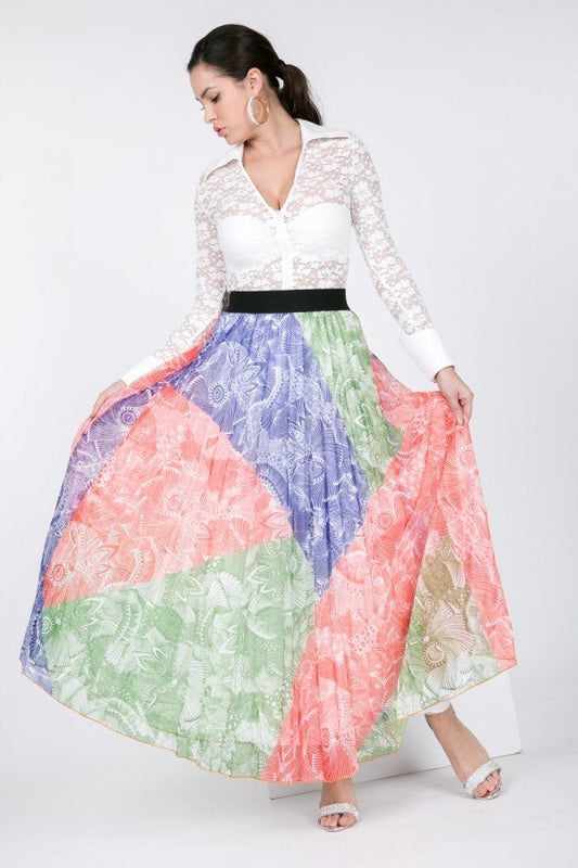 Color Block Pleated Maxi Skirt