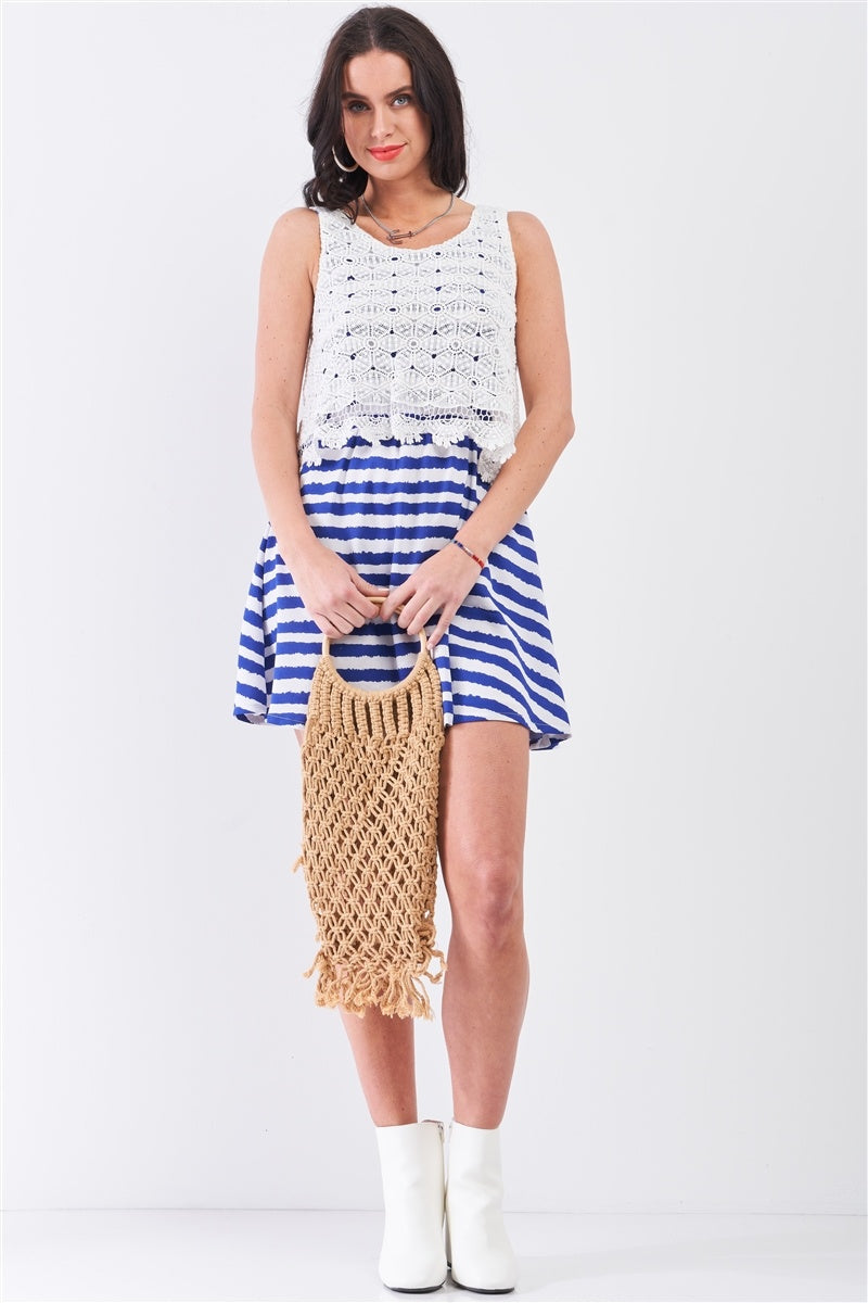 White & Navy Horizontal Striped Round Neck Sleeveless Floral Embroidery Layered Top Mini Dress