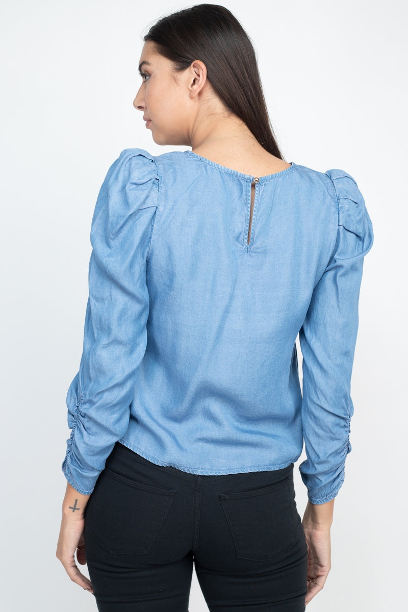 Shirring Puff Sleeves Denim Top