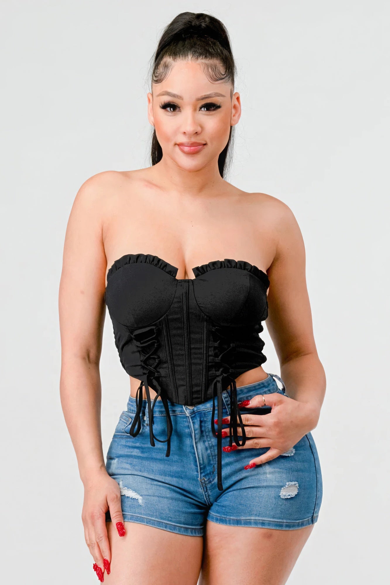 Luxe sweetheart ruffled drawstring lace bustier top