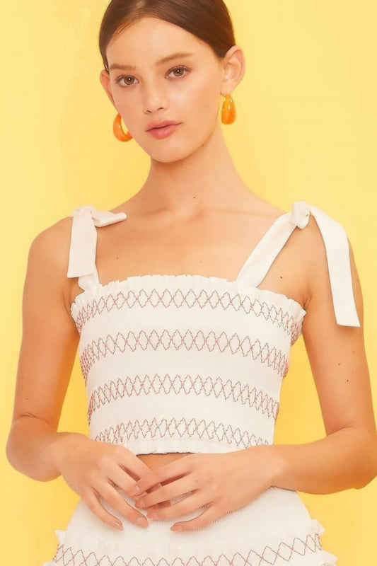 Self Tie Shoulder Smocking Ruffle Crop Top