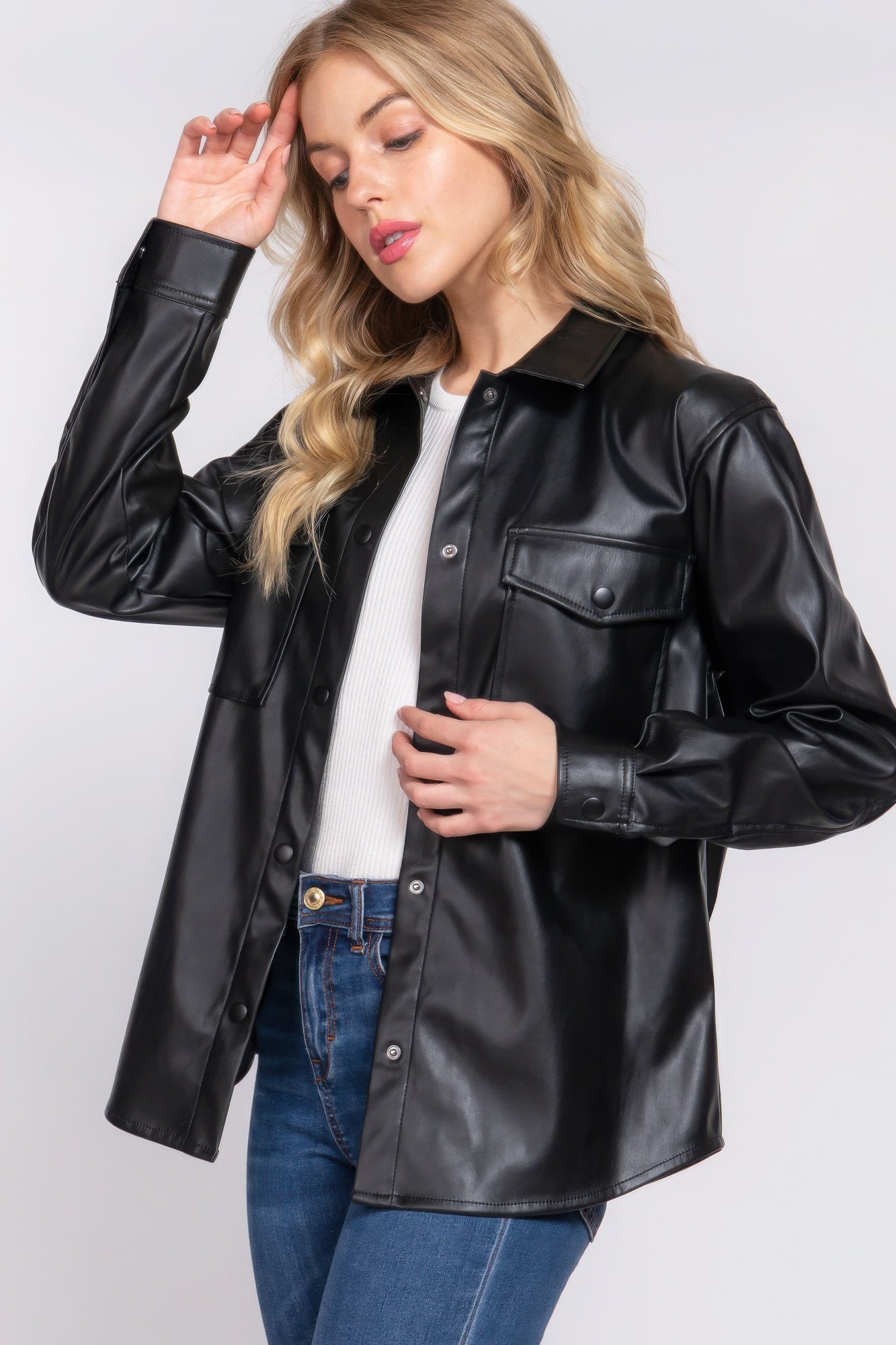 Long Slv Faux Leather Shacket