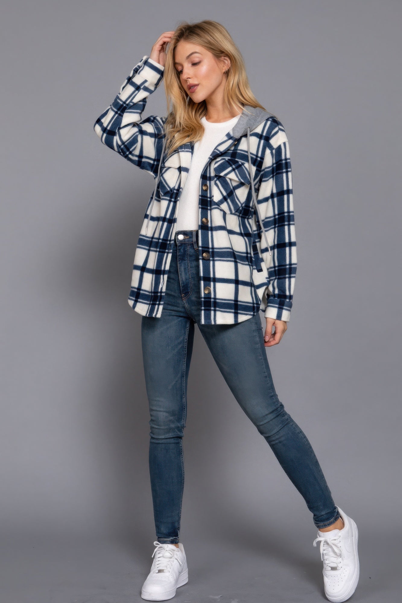 Plaid Print Hoodie Fleece Jacket