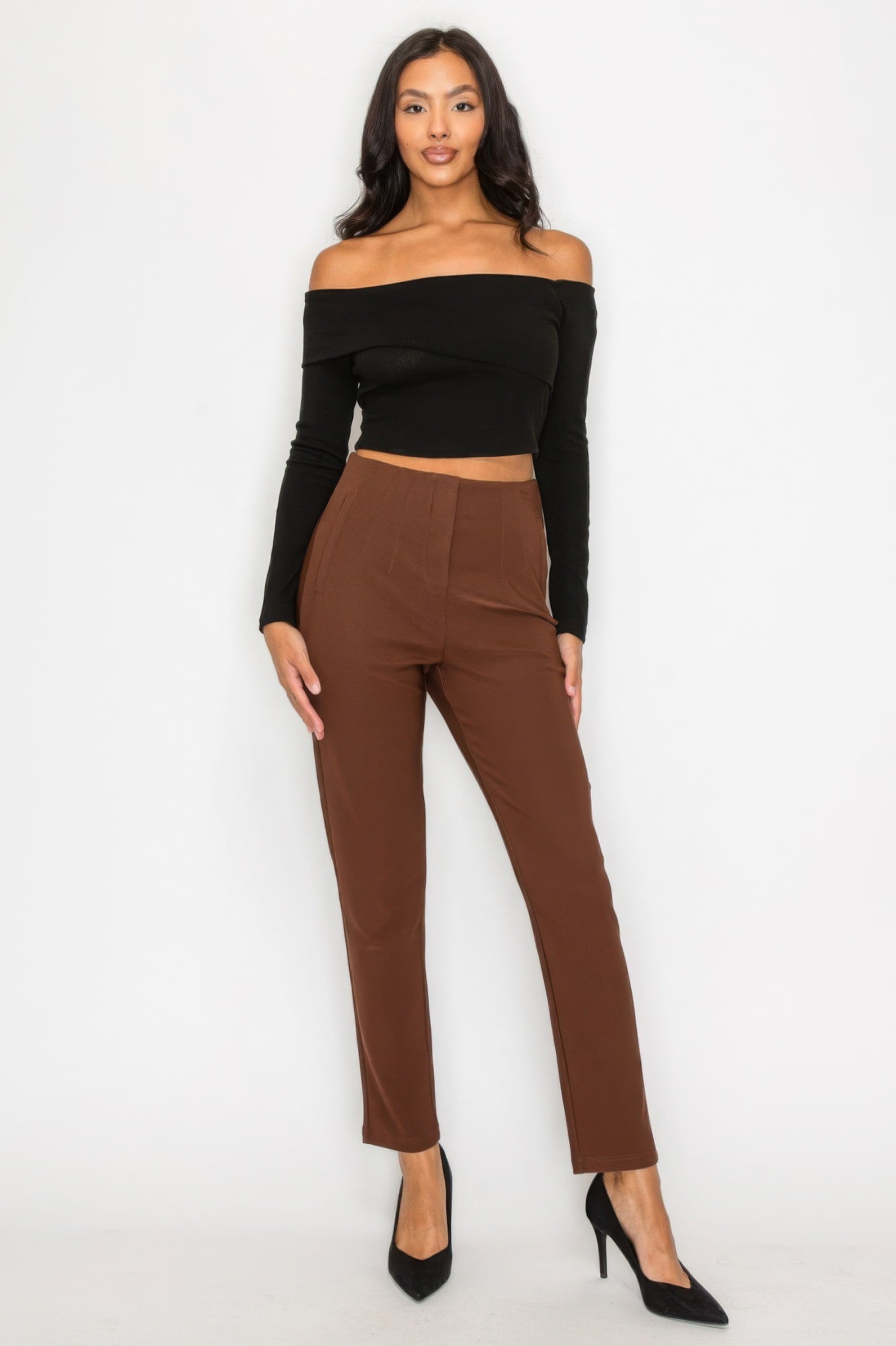 Bardot ribbed long sleeve crop top