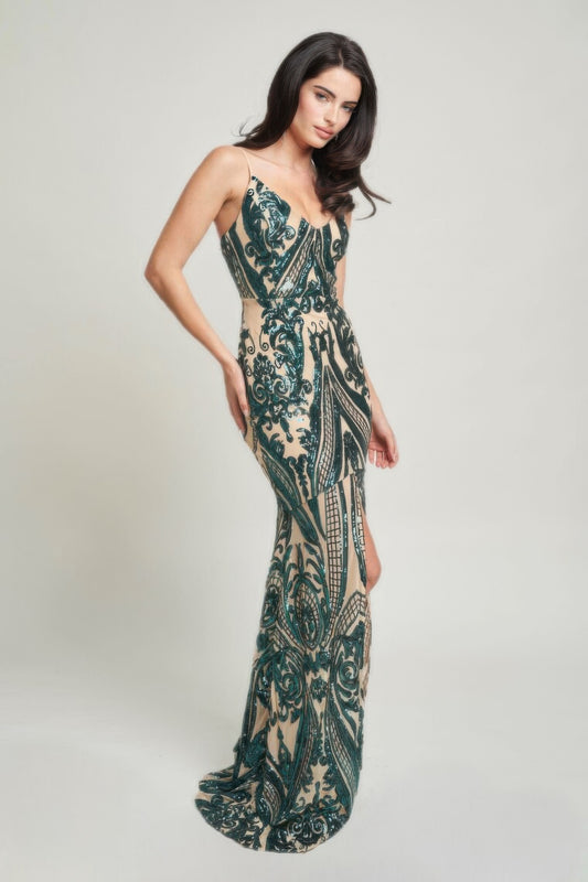 Spaghetti Strap Art Deco Sequins Maxi Dress