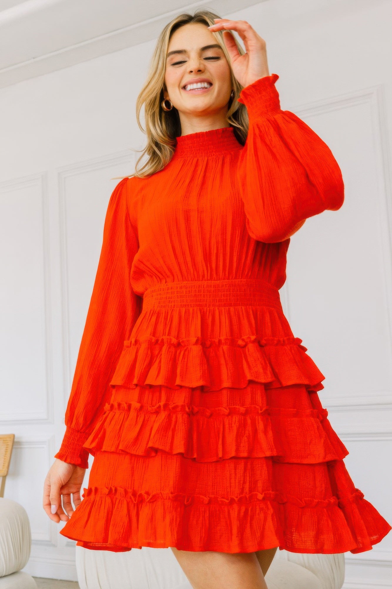 Long Sleeve Smocked Neck Tiered Ruffle Mini Dress