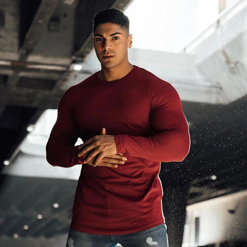 Spring Solid Fitness Long Sleeve T Shirt Men Autumn Cotton Slim Fit Sports T-Shirt Man O-neck Tee Shirt Gym Bodybuilding Tshirt