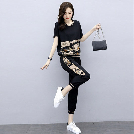 Fashion Summer Women Sets Casual Female Sportswear Suit Printed Short Sleeve Tshirts+ Pants Two-piece Set Large Size