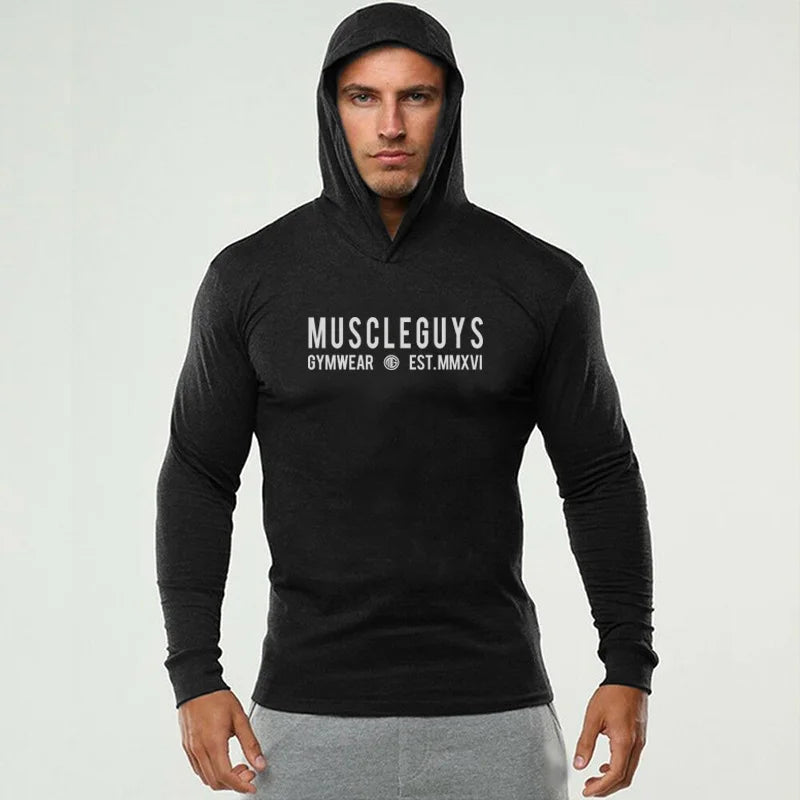 New Brand Bodybuilding T-shirt Hooded Men Gym Sweatshirts Long Sleeve Cotton Sportswear Fitness Clothing Muscle Tee Shirt