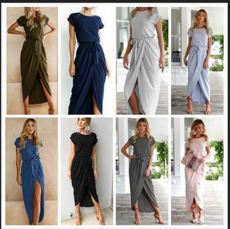 Solid Color Reverse-sleeved Flat Short-sleeve Summer Dress Women O-neck Irregular Split Hem Belt Office Lady Female Long Dresses