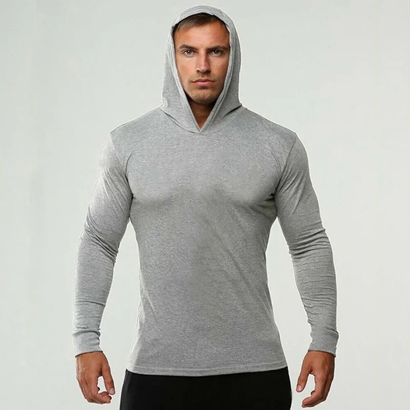 Brand Gym Clothing Solid Color Long Sleeve Slim Hooded T Shirt Men Cotton Tee Shirt Bodybuilding and Fitness Sportwear TShirt