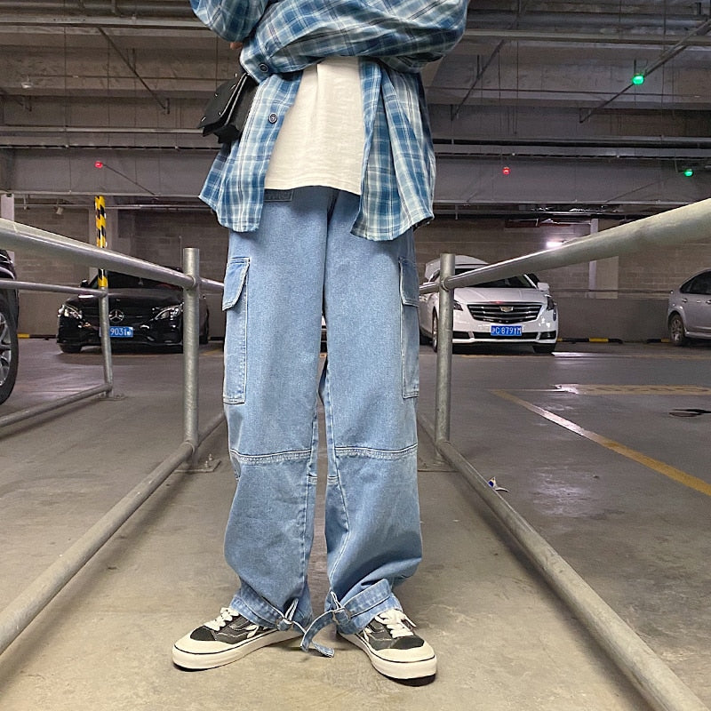 LINHUA Men Wide Leg Jeans Mens Spring cargo pants Hip Hop Streetwear New Loose Straight Baggy Denim Pants Male work jeans