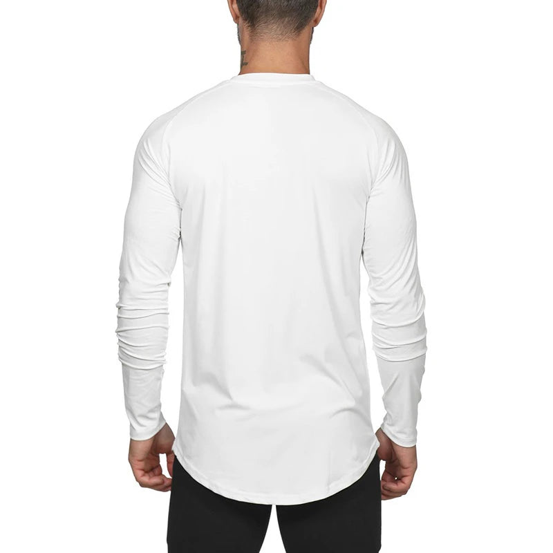 New brand gyms clothing Mesh solid long sleeve t shirt men slim fit fitness High stretch o neck Quick dry Bodybuilding t-shirt