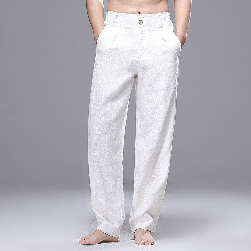 New Men Pants Summer Lightweight Breathable Cotton Linen Casual Pants Mens Solid Straight Harem Pants Fashion Loose Trousers Men