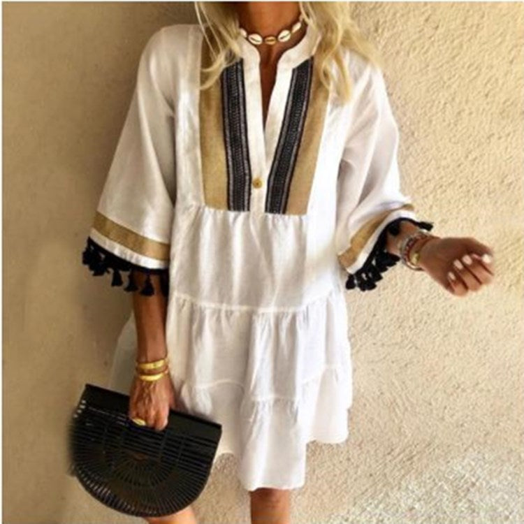 2021 Summer New Style Hot Sale Women Dress Fashion Casual Loose Playful Temperament Printed Fringed V-neck Short Ladies Dress