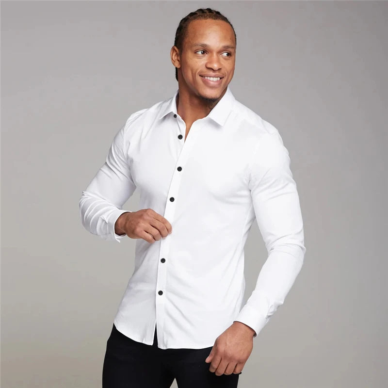 Spring Autumn Fashion Long Sleeve Shirt Men Solid Casual Super Slim Fit Social Business Dress Shirt Mens Gym Sports Clothing