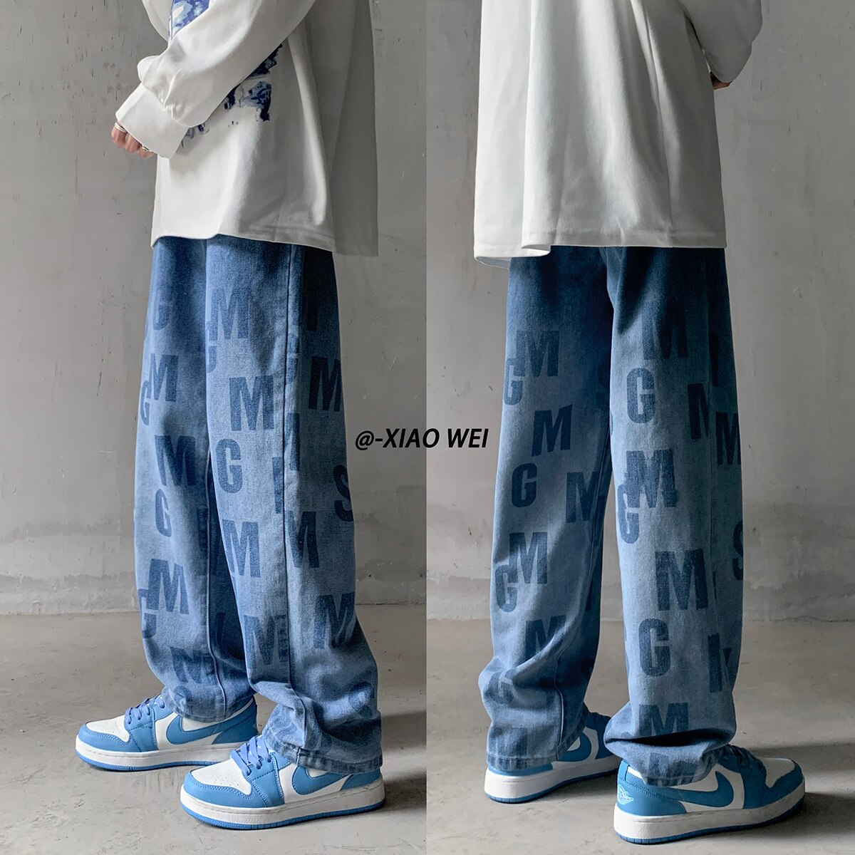 Black/Blue Men Streetwear Casual Letter Printed Jeans Autumn New Loose Straight Denim Pants Harajuku Male Jean Pants Trousers