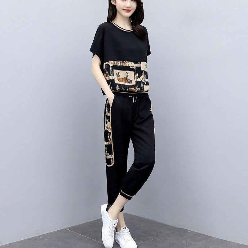 Fashion Summer Women Sets Casual Female Sportswear Suit Printed Short Sleeve Tshirts+ Pants Two-piece Set Large Size