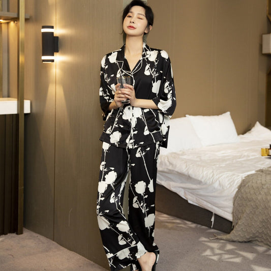 QSROCIO New Women's Pajamas Set Loose Type V Neck Sleepwear Floral Print Silk Like Leisure Home Clothes Nightwear Pyjamas Femme
