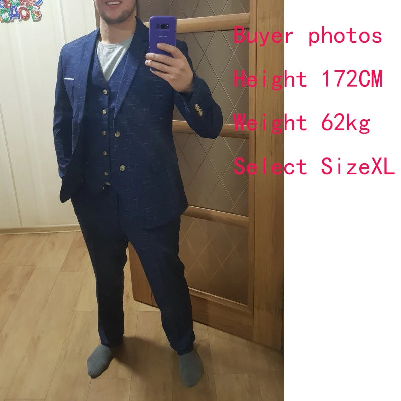 ( Jacket + Vest + Pants ) Fashion Boutique Mens Plaid Formal Business Suit 3 Piece Set Men's High-end Casual Suits Wedding Dress