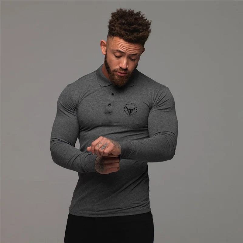 Muscleguys Autumn Fashion Polo Shirt Men Long Sleeve Slim Fit Turn Colla Poloshirt Casual Mens Gym Sportswear Polo T Shirt