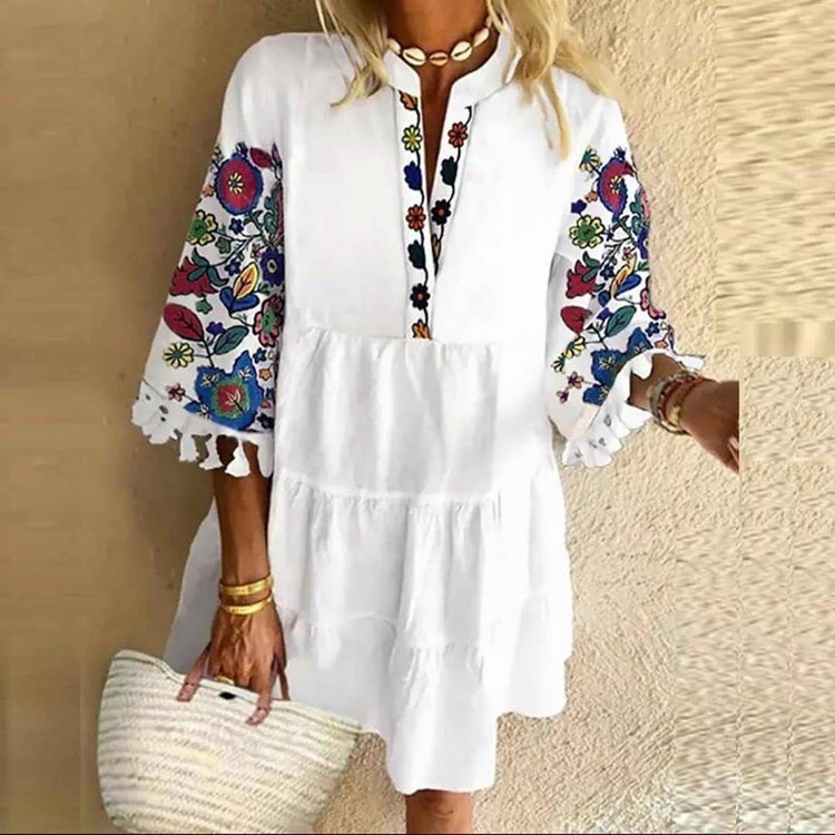 2021 Summer New Style Hot Sale Women Dress Fashion Casual Loose Playful Temperament Printed Fringed V-neck Short Ladies Dress