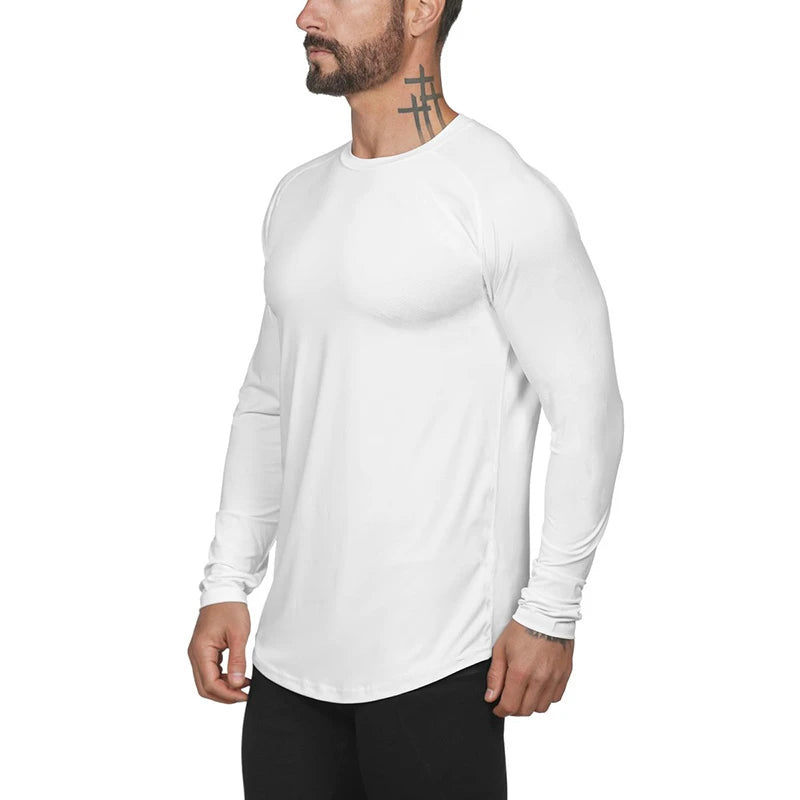 New brand gyms clothing Mesh solid long sleeve t shirt men slim fit fitness High stretch o neck Quick dry Bodybuilding t-shirt