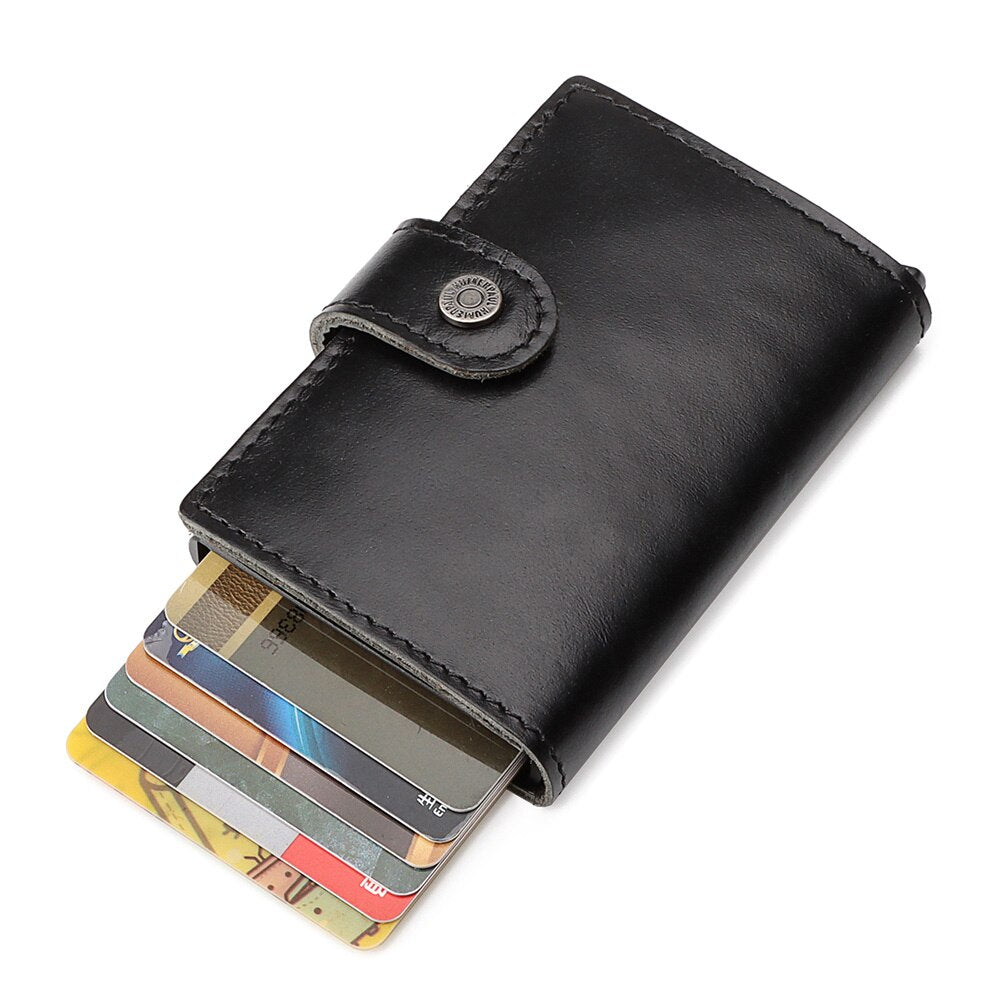 HUMERPAUL Genuine Leather Card Holder with Money Clip RFID Blocking Pop Up Smart Wallets Aluminum Men Travel Porte Carte