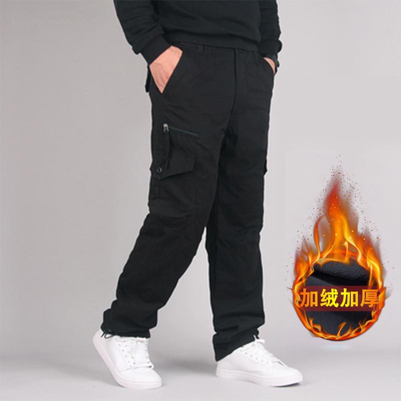 2023 Men's Fleece Cargo Pants Winter Thick Warm Pants Multi Pocket Casual Military Baggy Tactical Trousers Plus Size Full Length